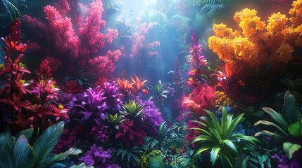 Wall Mural - Vibrant underwater coral garden with colorful marine plants and flowers illuminated by soft sunlight, creating a serene aquatic landscape