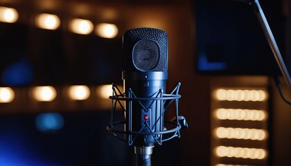 Studio microphone, podcast room in background, gradient neon lights, bokeh background, photorealistic