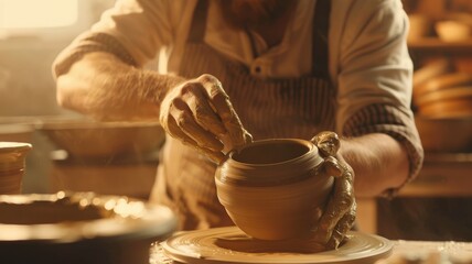 An elderly artisan meticulously crafting pottery in a warm, well-lit workshop. Focused and passionate. AIG58