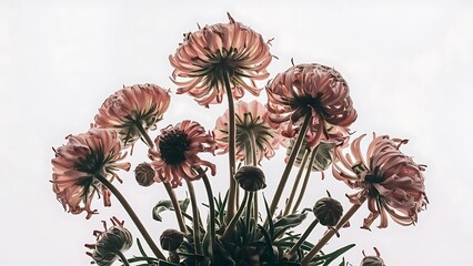 High angle view of wilting pincushion flowers scabiosa on white background