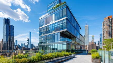 Wall Mural - Contemporary high-rise with rooftop greenery and expansive glass windows, showcasing urban sustainability. AIG59