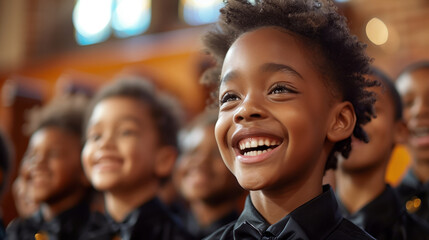 A closeup shot of happy black school children in uniform singing on stage