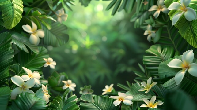 Green leaves and flowers frame background with copy space for text. Spring summer nature concept, vector illustration design