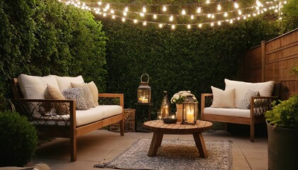 Poster - A contemporary outdoor lounge with modular seating, fire pit, and string lights