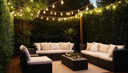 Sticker - A relaxing outdoor patio with comfortable seating, string lights, and a fire pit area,