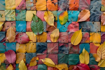 Wall Mural - A wall texture that resembles a patchwork of autumn leaves in vibrant colors