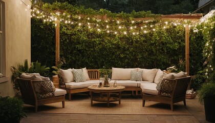 Sticker - A relaxing outdoor patio with comfortable seating, string lights, and a fire pit area,