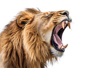 close-up of a roaring lion with open mouth, sharp teeth, and flowing mane, showcasing the king of th