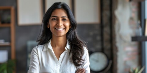 Wall Mural - A woman stands with her arms crossed, wearing a white shirt