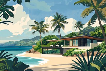 Wall Mural - Luxurious tropical beachfront bungalow oasis surrounded by palm trees and secluded shore, perfect for a tranquil vacation retreat and serene oceanside living on a private island getaway