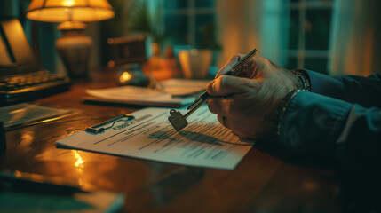 Wall Mural - A close-up shot of a real estate agent's hands holding a set of house keys, a contract and pen visible on the desk, warm lighting creating a professional and welcoming mood.