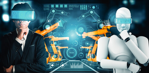 Wall Mural - MLP Mechanized industry robot and human worker working together in future factory. Concept of artificial intelligence for industrial revolution and automation manufacturing process.