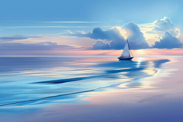 Wall Mural - Idyllic illustration of a calm beach at sunset featuring a lone sailboat against a backdrop of pastelhued clouds and sky