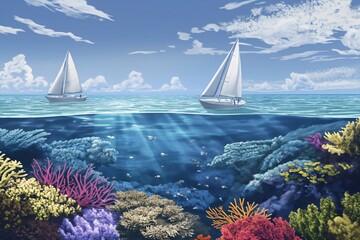 Wall Mural - Idyllic illustration displaying a serene ocean view with two sailboats above a colorful and lively underwater coral reef ecosystem