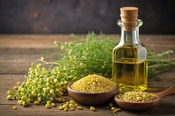 Camelina Oil: A clear bottle of light golden camelina oil, placed next to a small pile of camelina seeds.