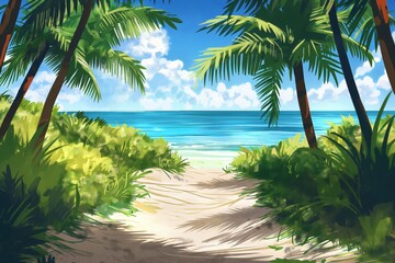 Wall Mural - Tranquil tropical beach pathway with vibrant palm trees, lush foliage, and serene turquoise water, creating a picturesque paradise scene perfect for a calm summertime vacation escape