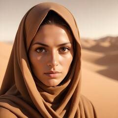 Arabic afghan arabian woman in a traditional brown hijab headwear close up portrait