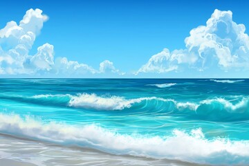 Wall Mural - Digital art illustration of a tranquil and serene seascape with vibrant turquoise ocean water. Fluffy clouds. And a clear blue sky. Travel. And relaxation