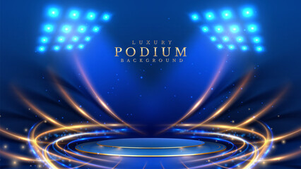 Wall Mural - empty podium golden on blue background with spotlight neon effects with bokeh decorations. luxury sc