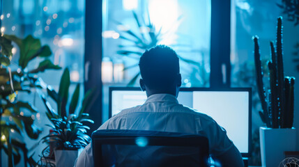 Wall Mural - Rear view of a man working at a computer in a modern technology office. A young office employee is working in a dark room. Concept of work, technology.