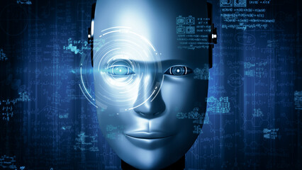 Poster - mlp 3d illustration robot hominoid face close up with graphic concept of engineering science study b