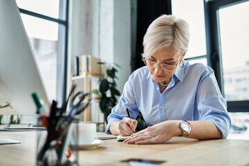 A middle aged businesswoman with short hair sitting at a desk, deeply focused on writing on a piece of paper in her office.