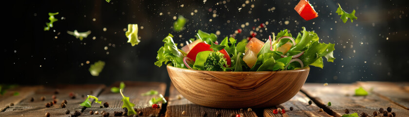 Freshly prepared salad being tossed in a wooden bowl on a rustic wooden table, captured in motion with a black background and studio flash lighting, space for text
