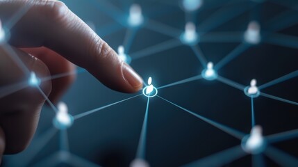 Finger touching a digital icon representing social connections and networking on a futuristic digital interface.
