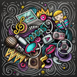 © balabolka - Audio content cartoon doodles illustration. Creative funny vector background. Podcasts, audiobooks, radio symbols, elements and objects. Chalkboard composition