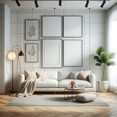 Wall Mural - A living room style interior set design there is an poster empty white with a couch and a lamp unique creative optimized.