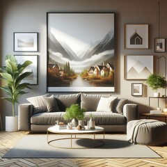 Wall Mural - A living room style interior set design with a mockup poster empty white and with a couch and a picture on the wall engaging engaging.