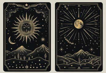 In this engraving, mountains, forests, moons, stars are symbols of nature. Hand drawn, line art, luxury, celestial, esoteric, boho