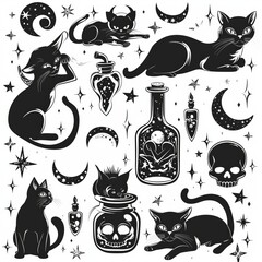 Wall Mural - Graphics representing esoteric cats isolated on a white background.