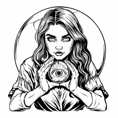 Wall Mural - A boho chic line drawing of a crystal ball in the hands of a fortune teller. Contemporary illustration designed for tattoos, posters, and altar veils.