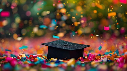 A black graduation cap is placed on the ground, surrounded by colorful confetti and ribbons in various shades of red, pink, orange, yellow, green, blue, and purple, white, and gold.