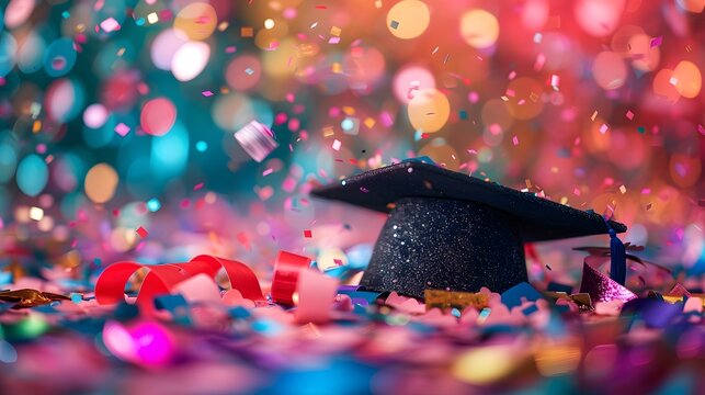 A black graduation cap is placed on the ground, surrounded by colorful confetti and ribbons in various shades of red, pink, orange, yellow, green, blue, and purple, white, and gold.