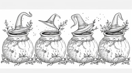 Black and white modern image of four witch's cauldrons. Halloween coloring book for kids.