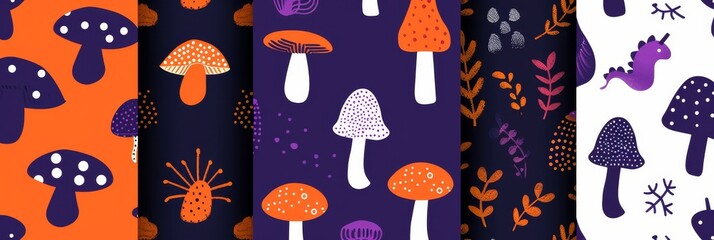 Wall Mural - A set of seamless patterns featuring frogs, mushrooms, cats against a starry cosmic sky background. Modern graphic design for Halloween.
