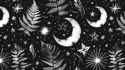 Wall Mural - Celestial wrapping paper. Black and white boho seamless pattern with crescent, stars and ferns. Modern bohemian background.