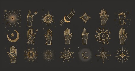 A set of cosmological and celestial elements astral hands. Isolated editable linear moderns.