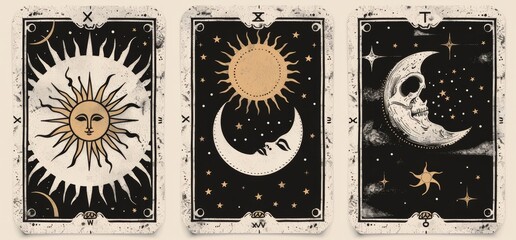 Poster - Alchemy mystical magic posters set. Crescent, sun, stars, floral elements. Spiritual talismans, occult objects. Boho style.