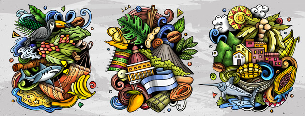 Sticker - Nicaragua cartoon vector doodle designs set. Colorful detailed compositions with lot of Nicaraguan objects and symbols. Isolated on white illustrations