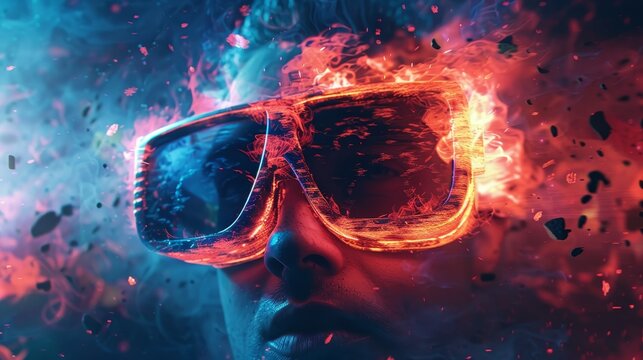 A man wearing sunglasses is looking at a fire