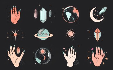 Symbolic modern objects, moon, hands, crystals, planets. Doodle astrology style. Boho mystical elements. Magic and witchcraft, witch esoteric alchemy. Icons collection.