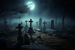 © Nomad_Soul - Creepy graveyard under fill moon glowing at midnight. Generative AI