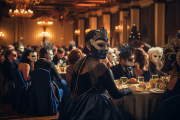 Halloween masquerade ball in beautiful grand ballroom. Generative AI