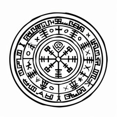 This is an Icelandic celtic viking talisman navigation compass with rune symbols, made from a frame occult amulet, with norse writing isolated on white.