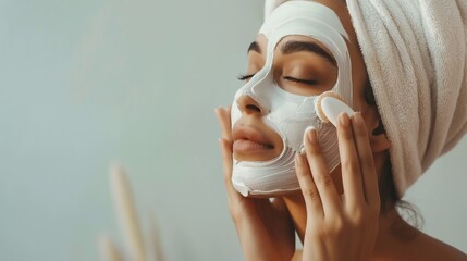 Wall Mural - Young woman applying face cream or facial mask at her face. Beauty model with perfect fresh skin. Spa and Wellness