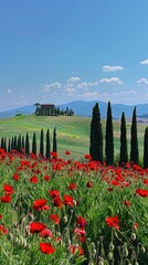 Wall Mural - a beautiful summer landscape featuring green hills with poppies and cypress trees, under a blue sky with clouds.