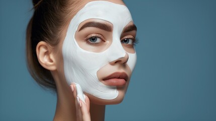 Wall Mural - Young woman applying face cream or facial mask at her face. Beauty model with perfect fresh skin. Spa and Wellness